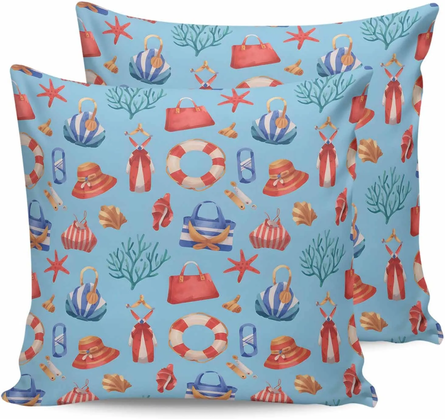 Outdoor Waterproof Throw Pillow Covers Set of 2 Summer Coral Starfish Decorative Pillowcases Square Outdoor Pillows Cushion Case 16x16 Inch Blue Bag Hat Patio Pillows for Couch Sofa Bed Garden