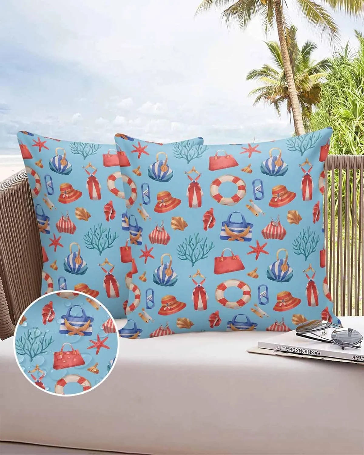 Outdoor Waterproof Throw Pillow Covers Set of 2 Summer Coral Starfish Decorative Pillowcases Square Outdoor Pillows Cushion Case 16x16 Inch Blue Bag Hat Patio Pillows for Couch Sofa Bed Garden