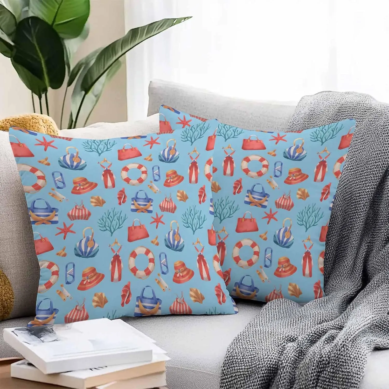 Outdoor Waterproof Throw Pillow Covers Set of 2 Summer Coral Starfish Decorative Pillowcases Square Outdoor Pillows Cushion Case 16x16 Inch Blue Bag Hat Patio Pillows for Couch Sofa Bed Garden