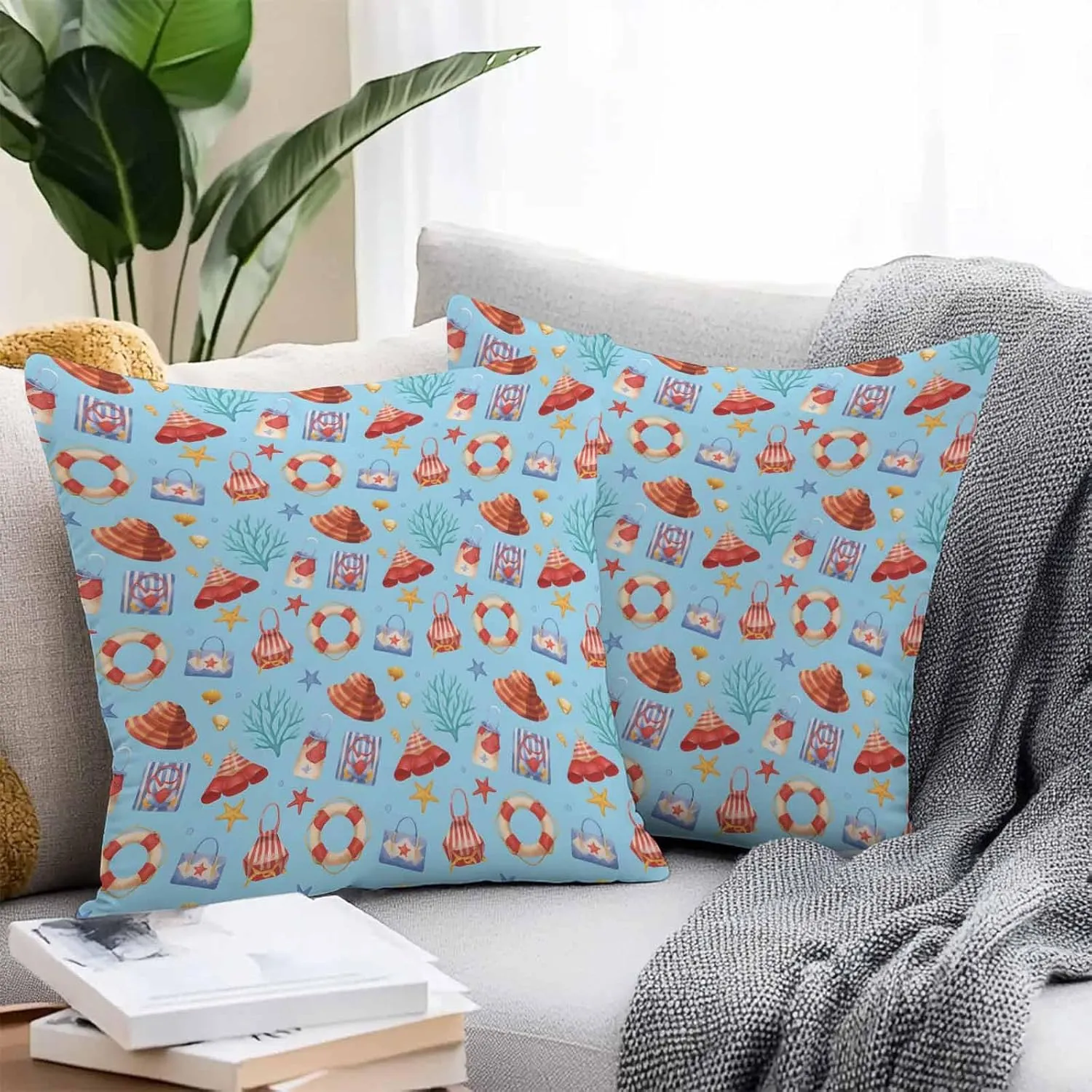 Outdoor Waterproof Throw Pillow Covers Set of 2 Summer Seaweed Starfish Decorative Pillowcases Square Outdoor Pillows Cushion Case 24x24 Inch Blue Bag Hat Patio Pillows for Couch Sofa Bed Garden