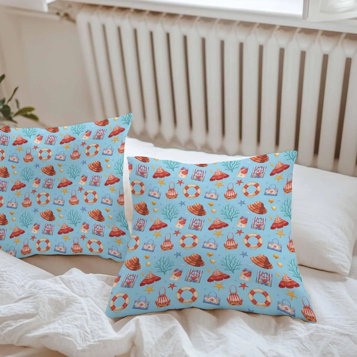 Outdoor Waterproof Throw Pillow Covers Set of 2 Summer Seaweed Starfish Decorative Pillowcases Square Outdoor Pillows Cushion Case 24x24 Inch Blue Bag Hat Patio Pillows for Couch Sofa Bed Garden