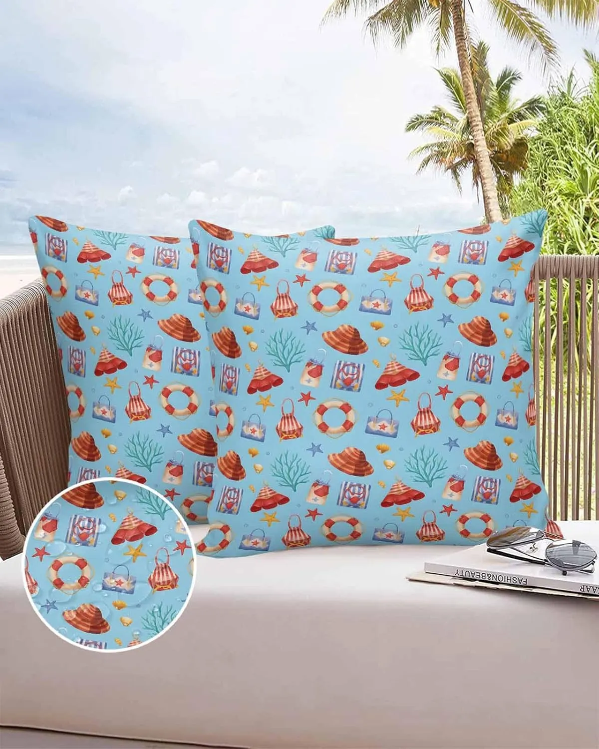 Outdoor Waterproof Throw Pillow Covers Set of 2 Summer Seaweed Starfish Decorative Pillowcases Square Outdoor Pillows Cushion Case 24x24 Inch Blue Bag Hat Patio Pillows for Couch Sofa Bed Garden
