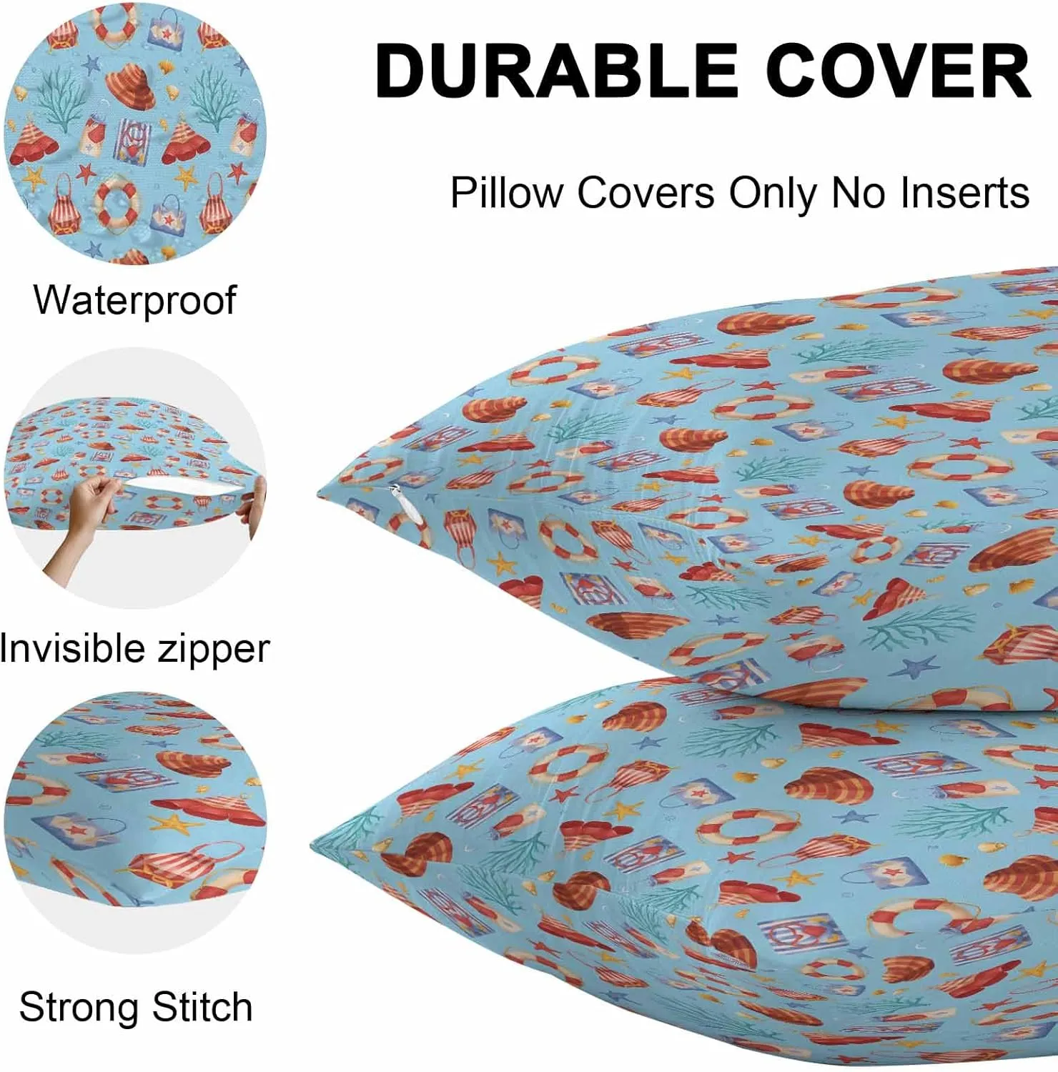 Outdoor Waterproof Throw Pillow Covers Set of 2 Summer Seaweed Starfish Decorative Pillowcases Square Outdoor Pillows Cushion Case 24x24 Inch Blue Bag Hat Patio Pillows for Couch Sofa Bed Garden