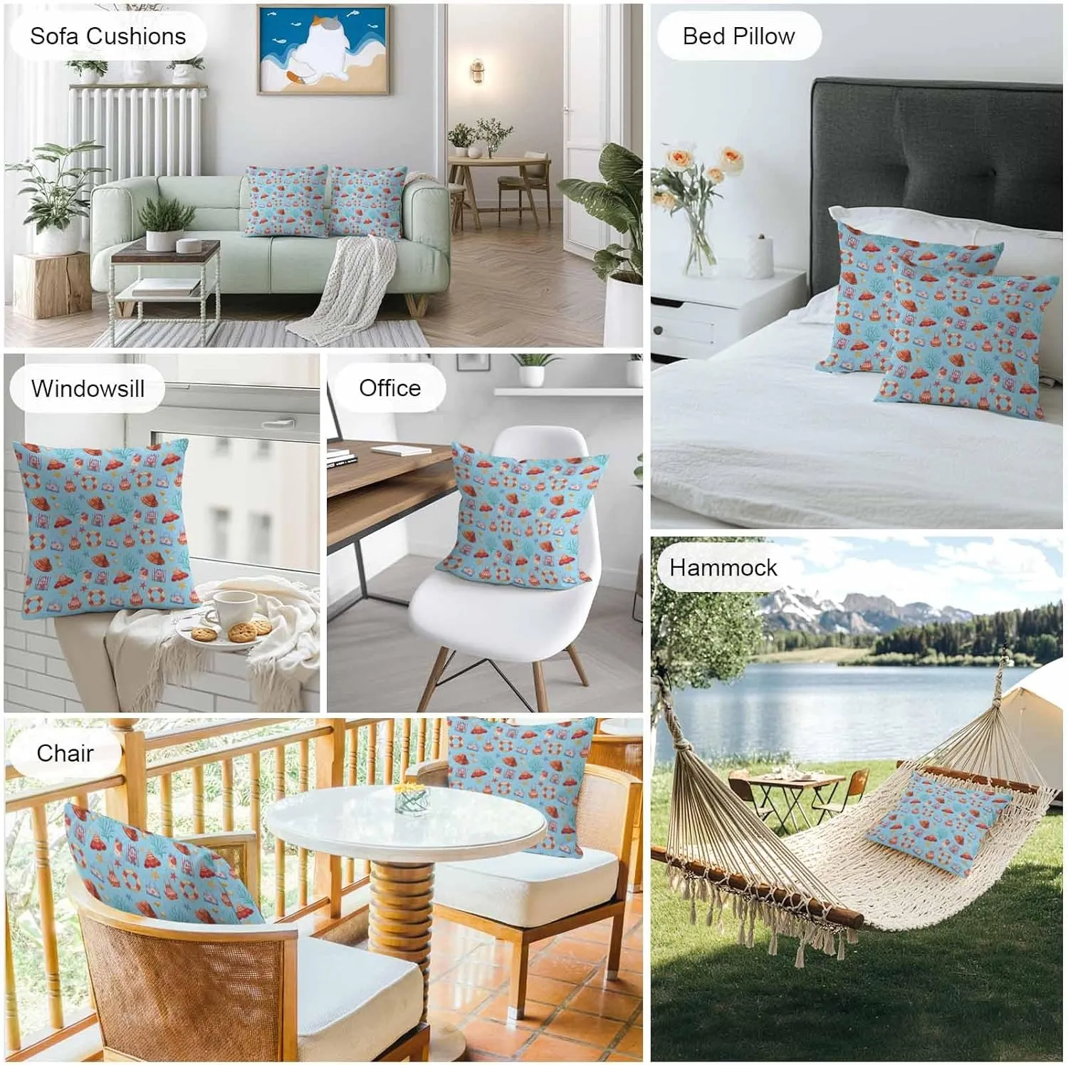 Outdoor Waterproof Throw Pillow Covers Set of 2 Summer Seaweed Starfish Decorative Pillowcases Square Outdoor Pillows Cushion Case 24x24 Inch Blue Bag Hat Patio Pillows for Couch Sofa Bed Garden
