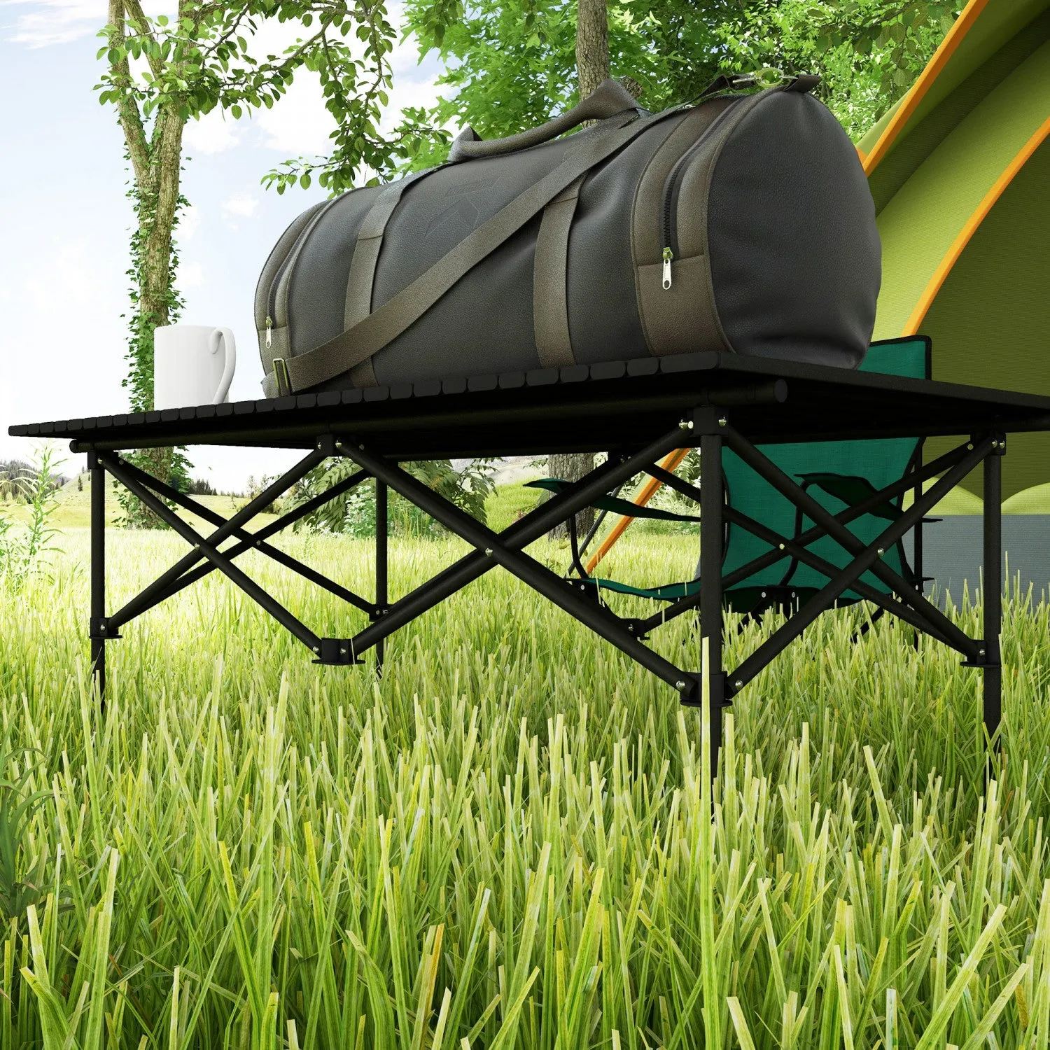 Outsunny Folding Camping Table With Roll Up Top And Carry Bag, Black|Outsunny Table De Camping Avec Plateau Enroulable Et Sac De Transport, Noir
