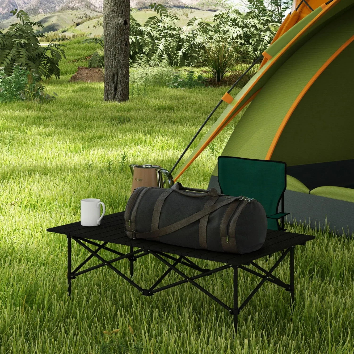 Outsunny Folding Camping Table With Roll Up Top And Carry Bag, Black|Outsunny Table De Camping Avec Plateau Enroulable Et Sac De Transport, Noir