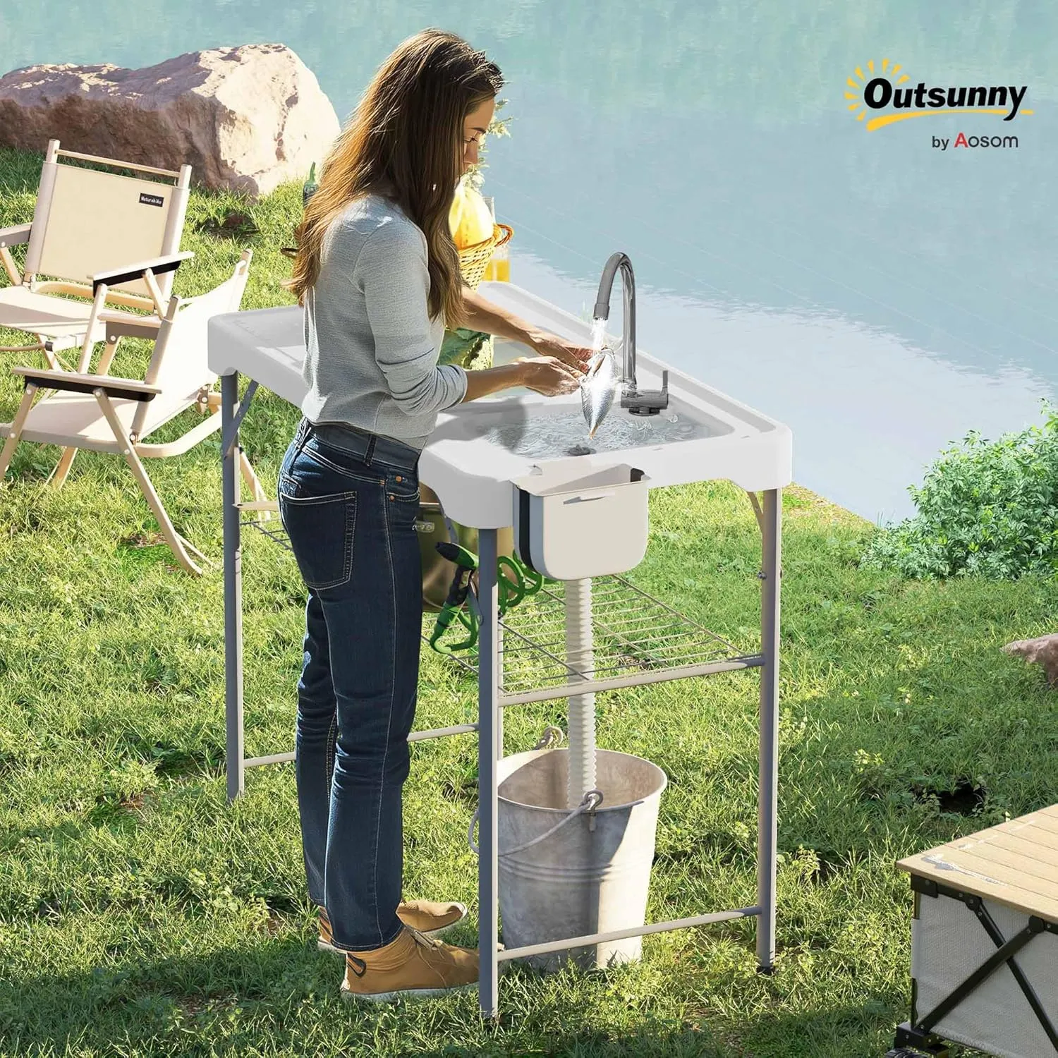 Outsunny Folding Fish Cleaning Table with Sinks, Portable Camping Sink Table with Faucet, Drainage Hose, Sprayer, Shelf, Drawer and Storage Basket, Outdoor Fillet Table for Picnic Beach Patio, White