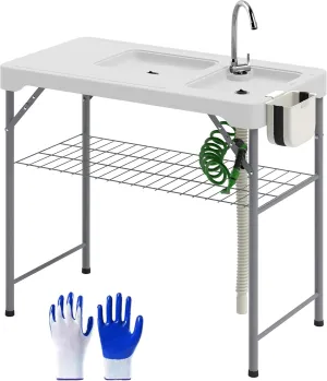 Outsunny Folding Fish Cleaning Table with Sinks, Portable Camping Sink Table with Faucet, Drainage Hose, Sprayer, Shelf, Drawer and Storage Basket, Outdoor Fillet Table for Picnic Beach Patio, White