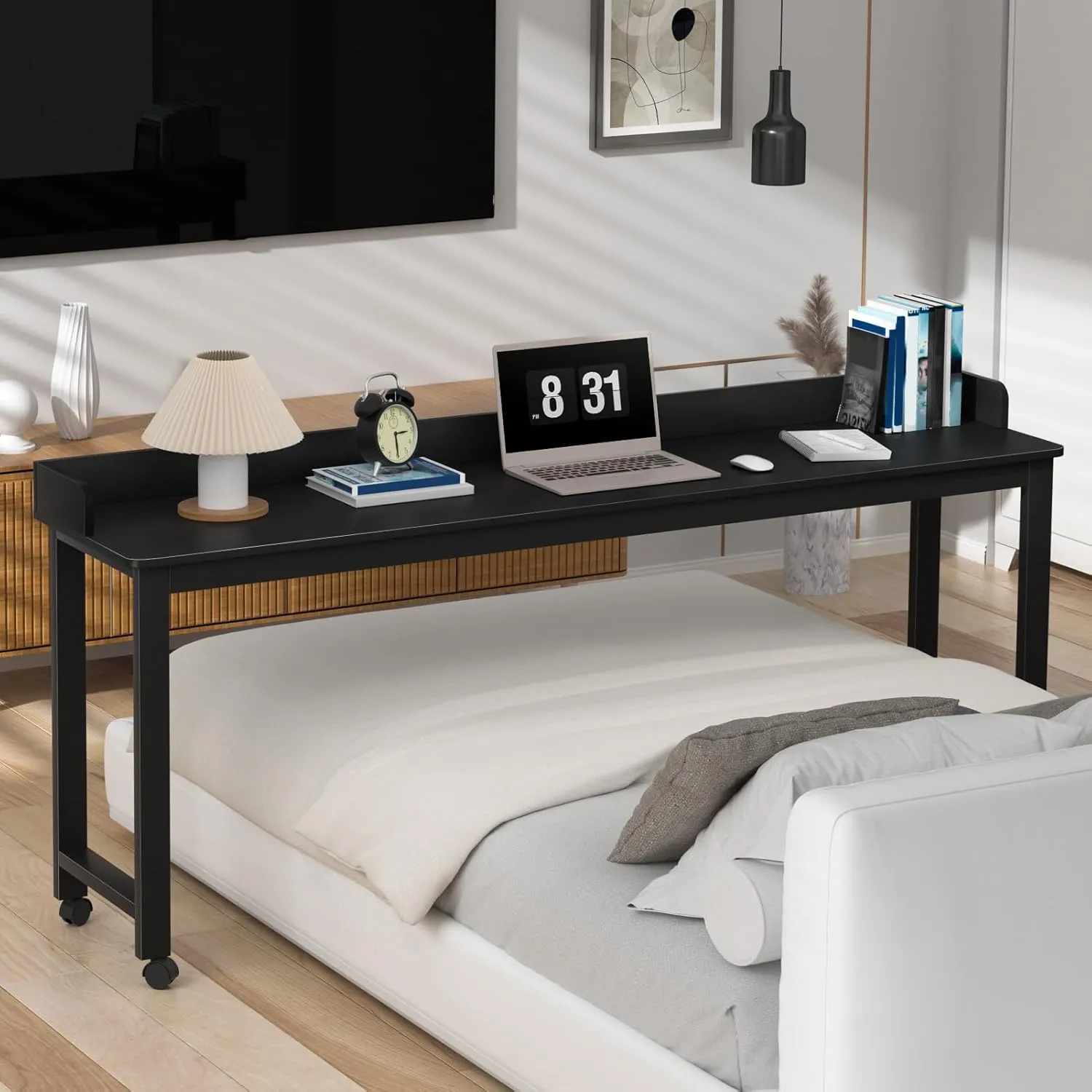 Overbed Table, Height Adjustable Rolling Laptop Desk with 360° Wheels, Mobile Computer Desk with Tiltable Desktop, Portable Bedside Table for Home Office White
