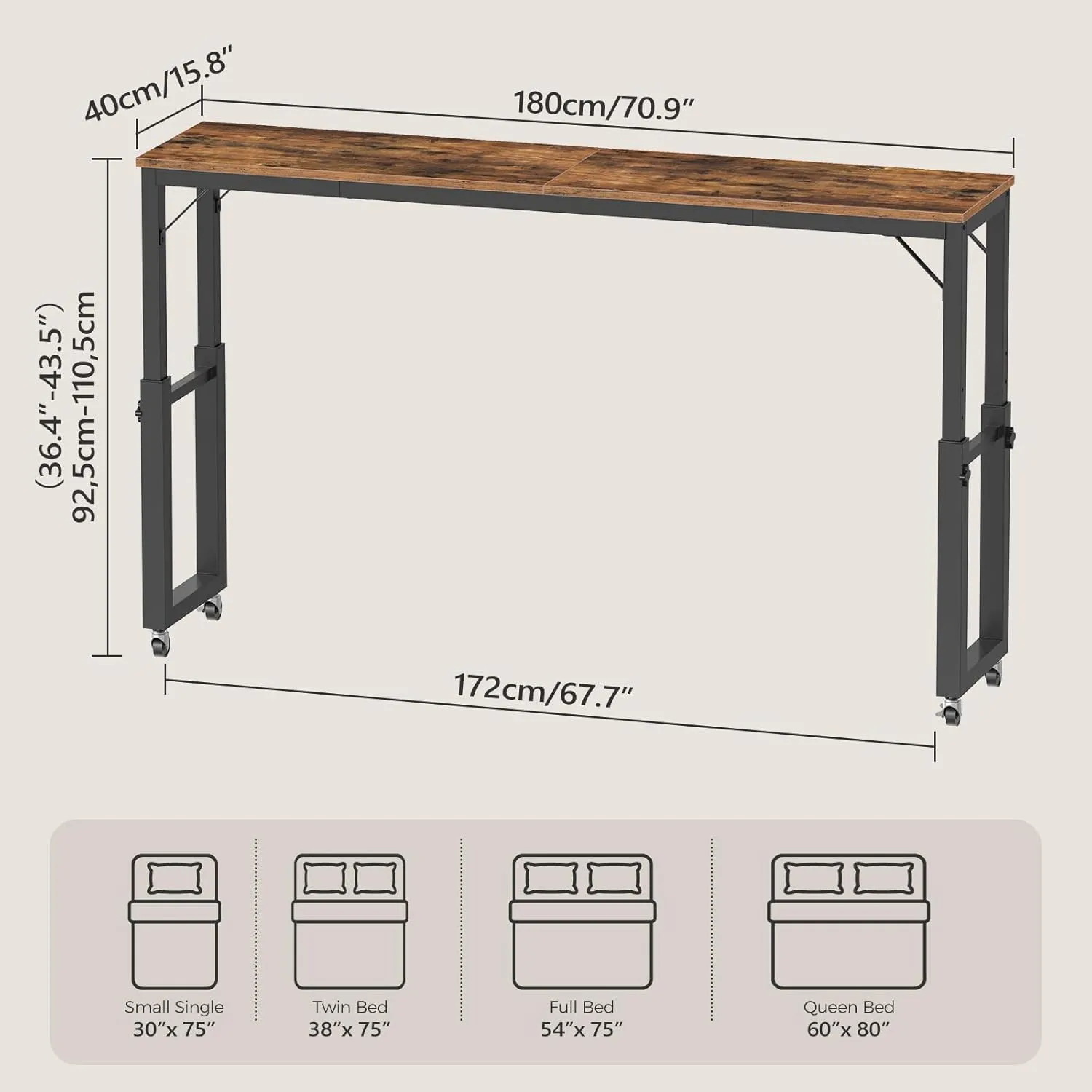 Overbed Table with Wheels, Queen Size Mobile Bed Desk with Adjustable Height, Rolling Table, Dining Table, Computer Desk, for Bedroom, Living Room, Office, Rustic Brown MTHR18001