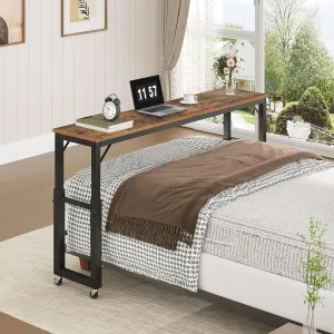 Overbed Table with Wheels, Queen Size Mobile Bed Desk with Adjustable Height, Rolling Table, Dining Table, Computer Desk, for Bedroom, Living Room, Office, Rustic Brown MTHR18001