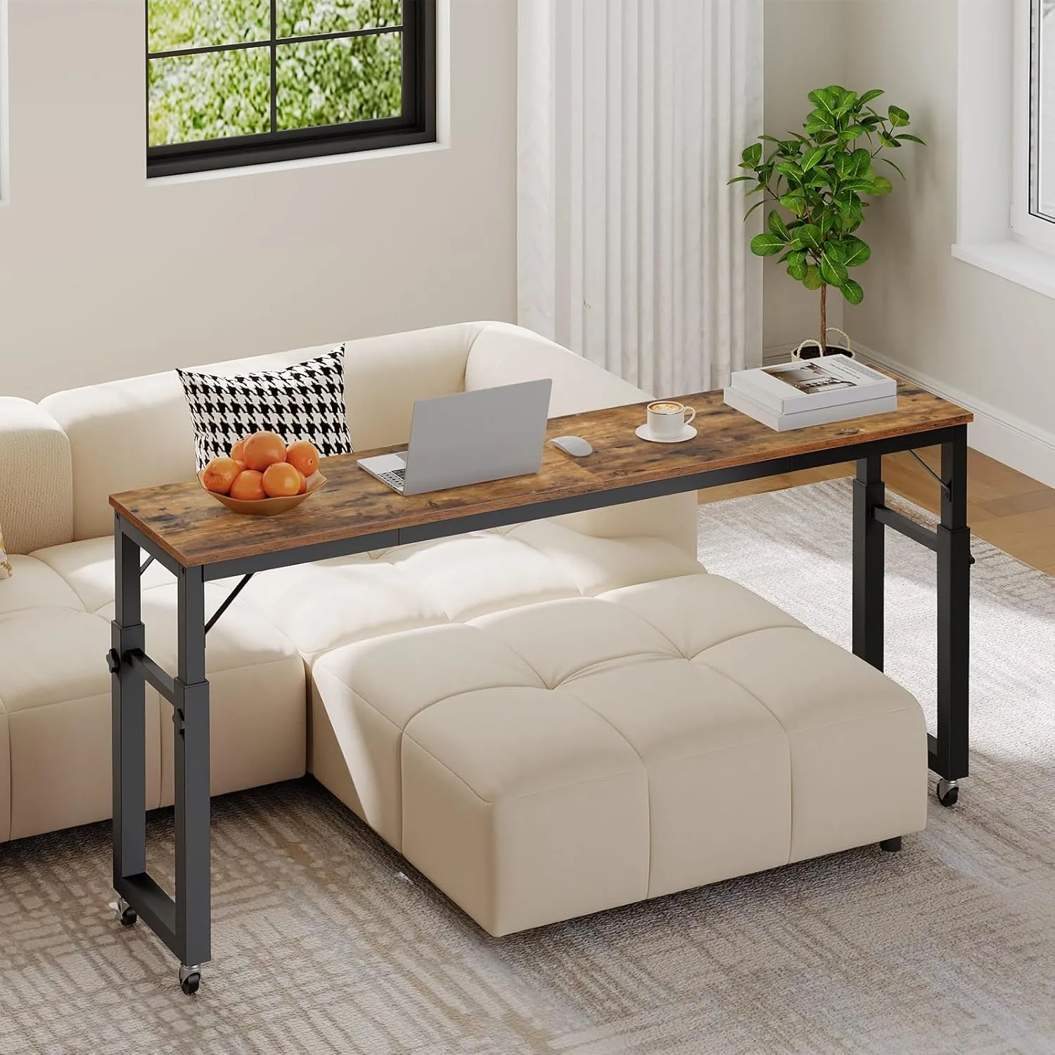 Overbed Table with Wheels, Queen Size Mobile Bed Desk with Adjustable Height, Rolling Table, Dining Table, Computer Desk, for Bedroom, Living Room, Office, Rustic Brown MTHR18001