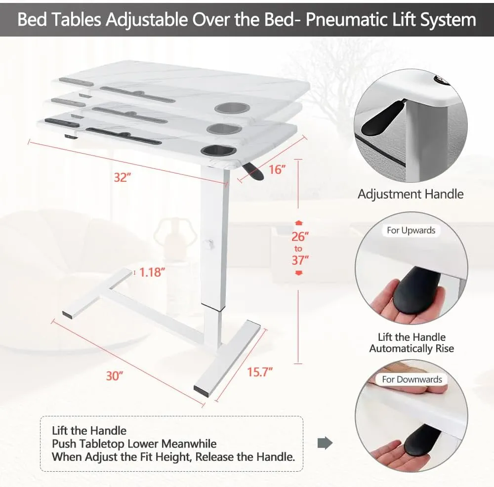 Overbed Table,Hospital Bed Table,Pneumatic Bed Tables Adjustable Over The Bed with Hidden Wheels&USB,Mobile Laptop Cart&Rolling Bedside Table with Tray Hospital Home Use (White1)