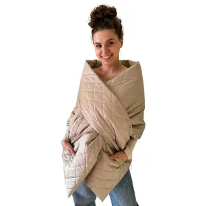 Oversized Scarves Beige Long Cape Lagre Wide Scarf Puffer 20x80 inch with 2 pocket and Belt. Cape around shoulders wrap. Winter quilted shawl. Warm padded scarf. Down puffy scarves.