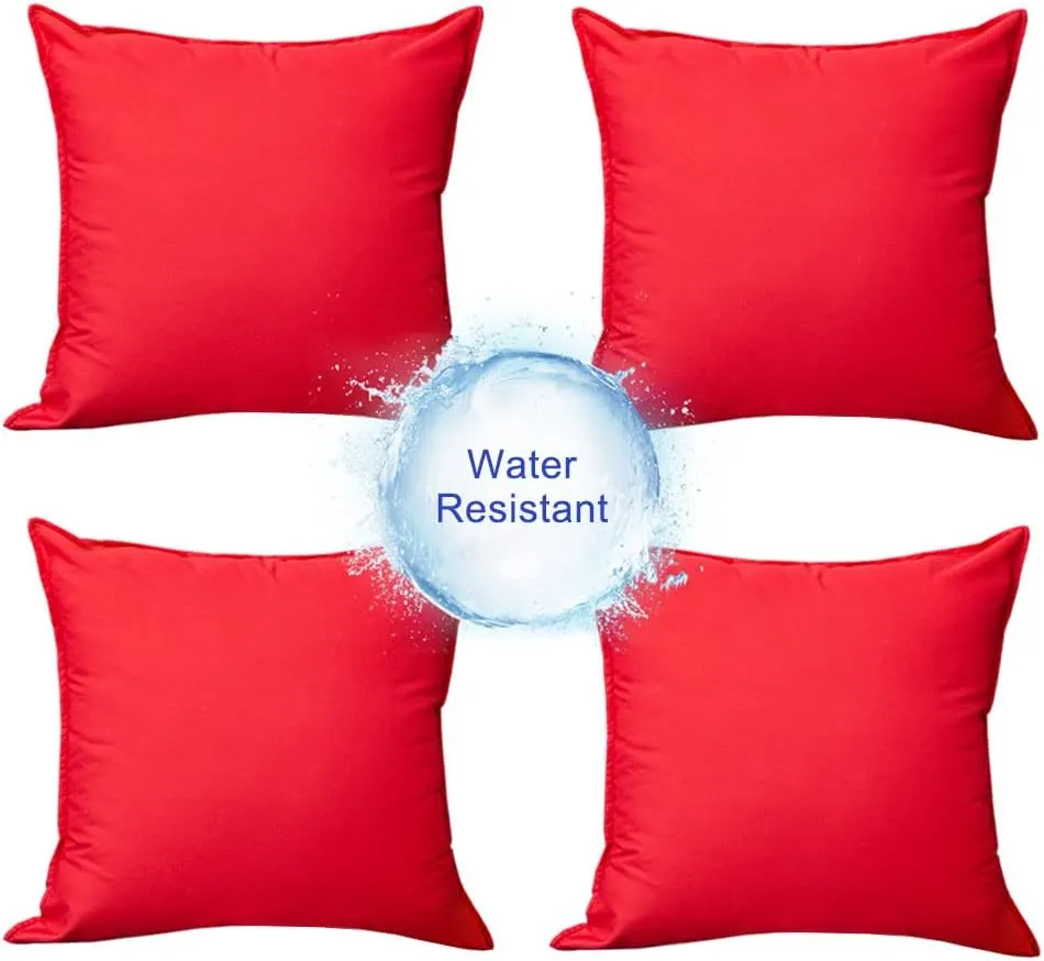 Pack of 4 Red Waterproof Outdoor Pillow Covers - Summer Vibrant Decorative Cushion Shem for Patio Funiture, Garden, Outdoor Sofa,Swing(18x18 Inches, Red)