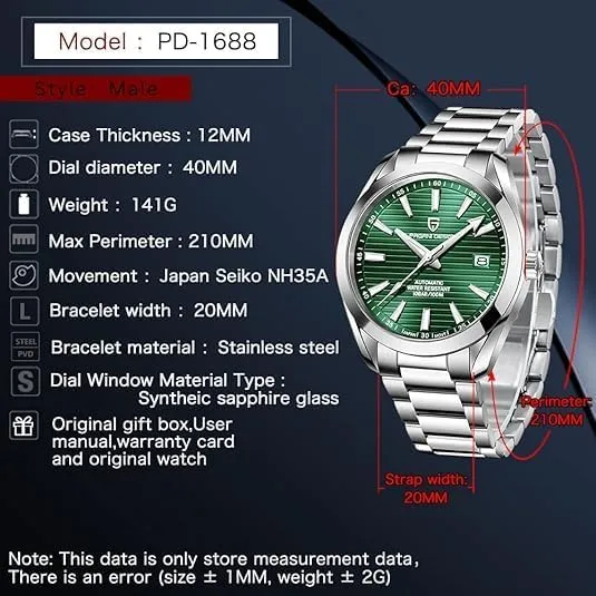 Pagani Design Men's Automatic Watch NH35 Movement | 40mm Stainless Steel Case | Sapphire Glass | 100m Waterproof | Luxury Business Sport Watch for Men