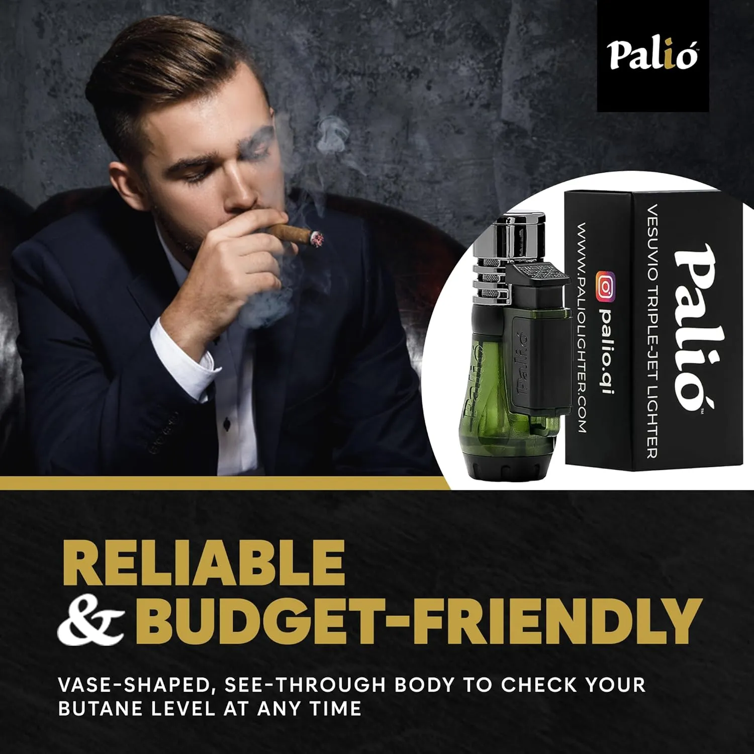 Palió Vesuvio Triple Jet Flame Torch Lighter, Apex Flame for Precision Lighting and Touch-Ups, Extra-Large Translucent Fuel Tank, Green (Pack of 2)