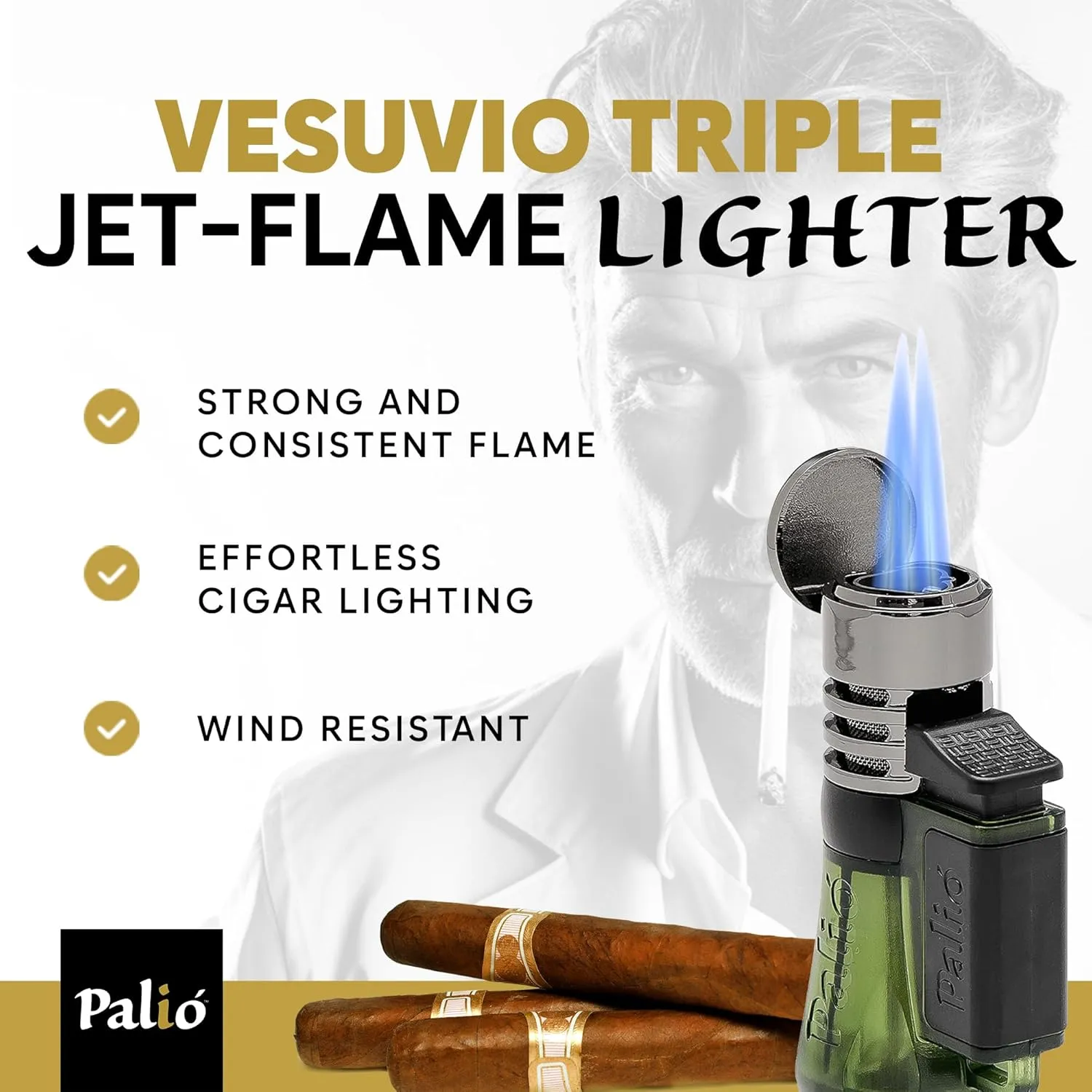 Palió Vesuvio Triple Jet Flame Torch Lighter, Apex Flame for Precision Lighting and Touch-Ups, Extra-Large Translucent Fuel Tank, Green (Pack of 2)