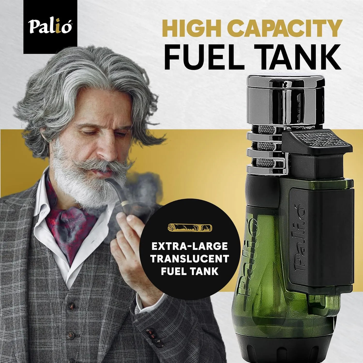 Palió Vesuvio Triple Jet Flame Torch Lighter, Apex Flame for Precision Lighting and Touch-Ups, Extra-Large Translucent Fuel Tank, Green (Pack of 2)