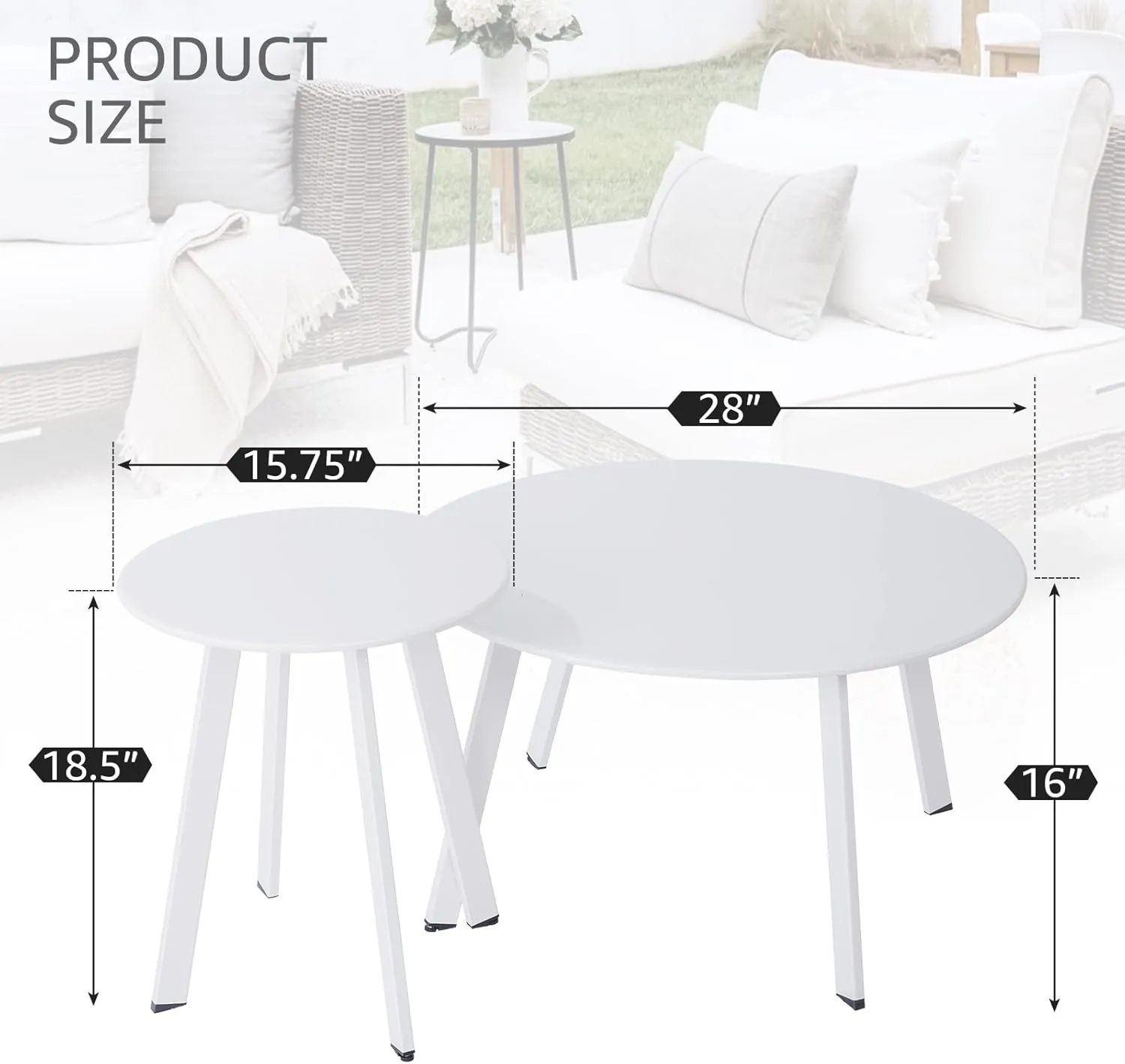 Patio Outdoor Coffee Table Set of 2 - Weather Resistant Outdoor Round End Table Modern Coffee Tables for Living Room Balcony Home Office (White)