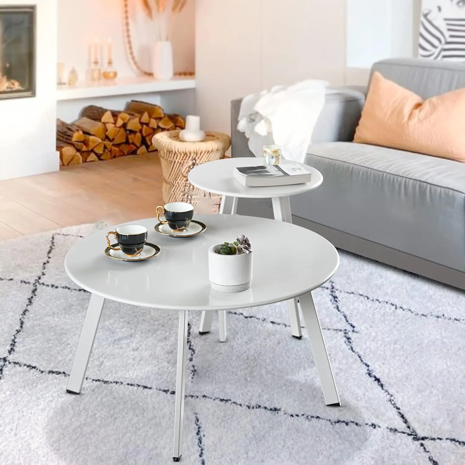 Patio Outdoor Coffee Table Set of 2 - Weather Resistant Outdoor Round End Table Modern Coffee Tables for Living Room Balcony Home Office (White)