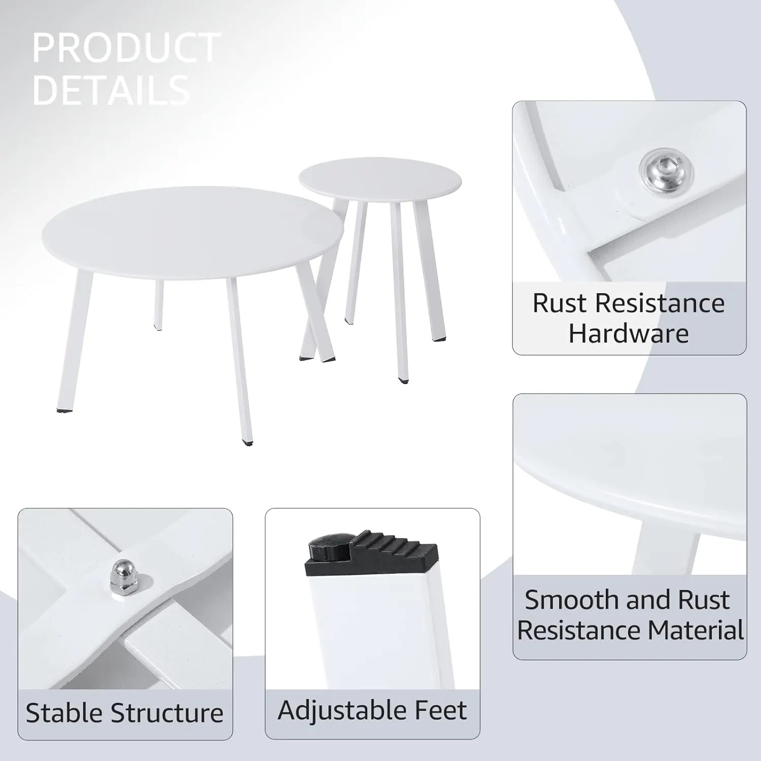Patio Outdoor Coffee Table Set of 2 - Weather Resistant Outdoor Round End Table Modern Coffee Tables for Living Room Balcony Home Office (White)