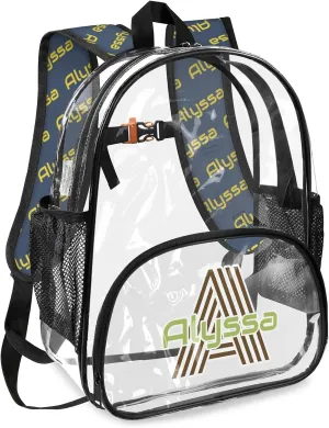 Personalized Clear Backpack with Name, Custom Heavy Duty PVC Transparent Backpack, See Through Back Pack with Reinforced Strap for Stadium Approved Events Blue Green