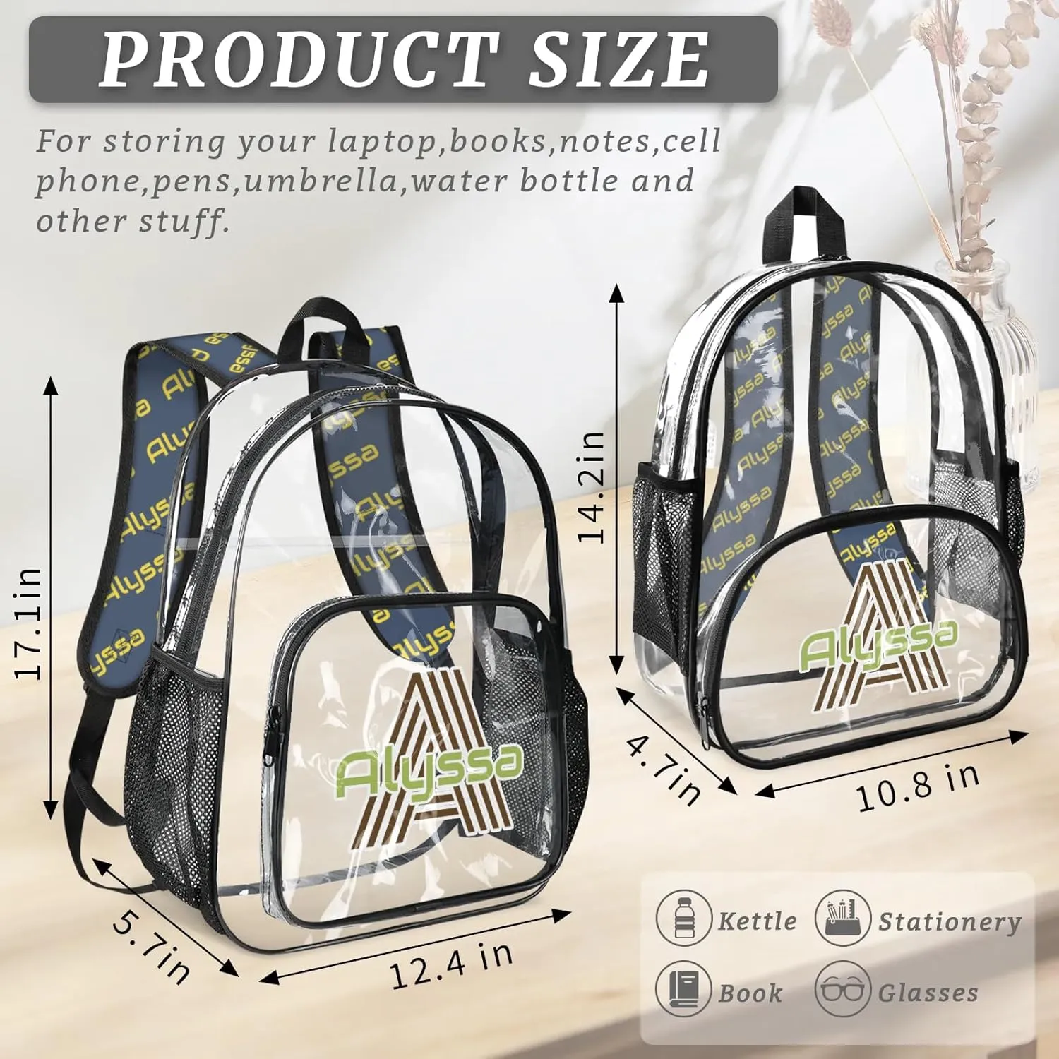 Personalized Clear Backpack with Name, Custom Heavy Duty PVC Transparent Backpack, See Through Back Pack with Reinforced Strap for Stadium Approved Events Blue Green