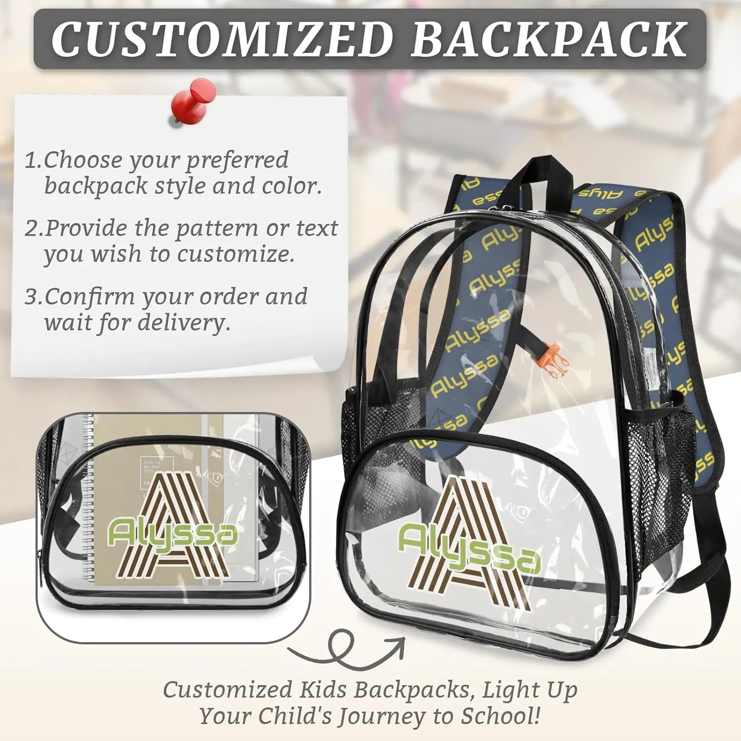 Personalized Clear Backpack with Name, Custom Heavy Duty PVC Transparent Backpack, See Through Back Pack with Reinforced Strap for Stadium Approved Events Blue Green