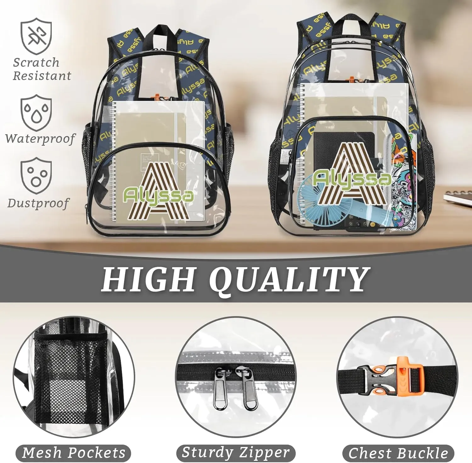Personalized Clear Backpack with Name, Custom Heavy Duty PVC Transparent Backpack, See Through Back Pack with Reinforced Strap for Stadium Approved Events Blue Green