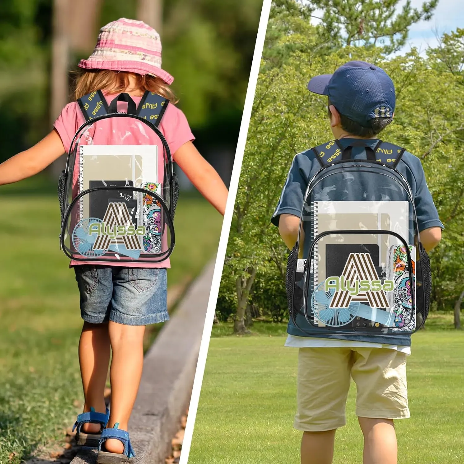 Personalized Clear Backpack with Name, Custom Heavy Duty PVC Transparent Backpack, See Through Back Pack with Reinforced Strap for Stadium Approved Events Blue Green