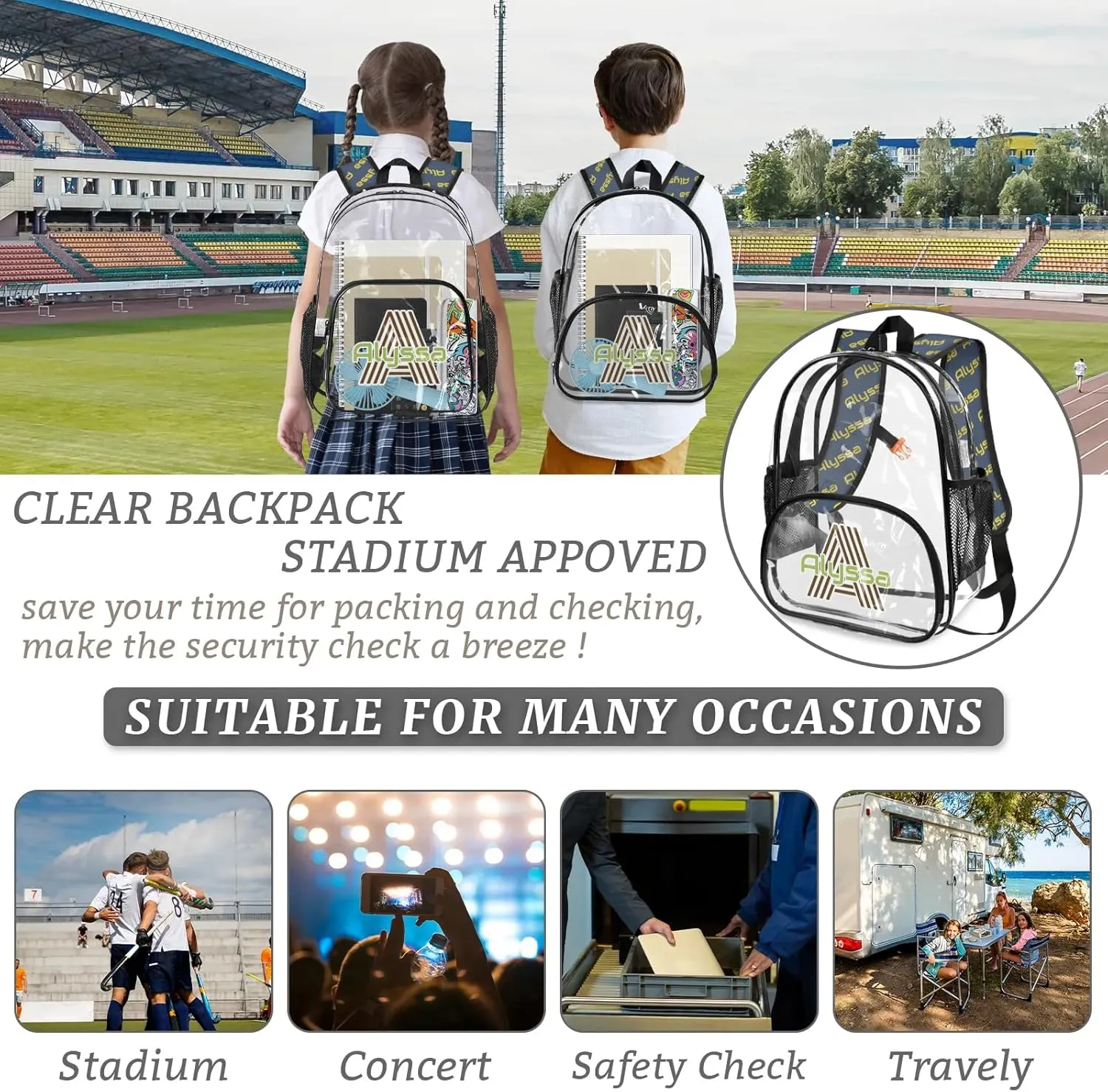 Personalized Clear Backpack with Name, Custom Heavy Duty PVC Transparent Backpack, See Through Back Pack with Reinforced Strap for Stadium Approved Events Blue Green