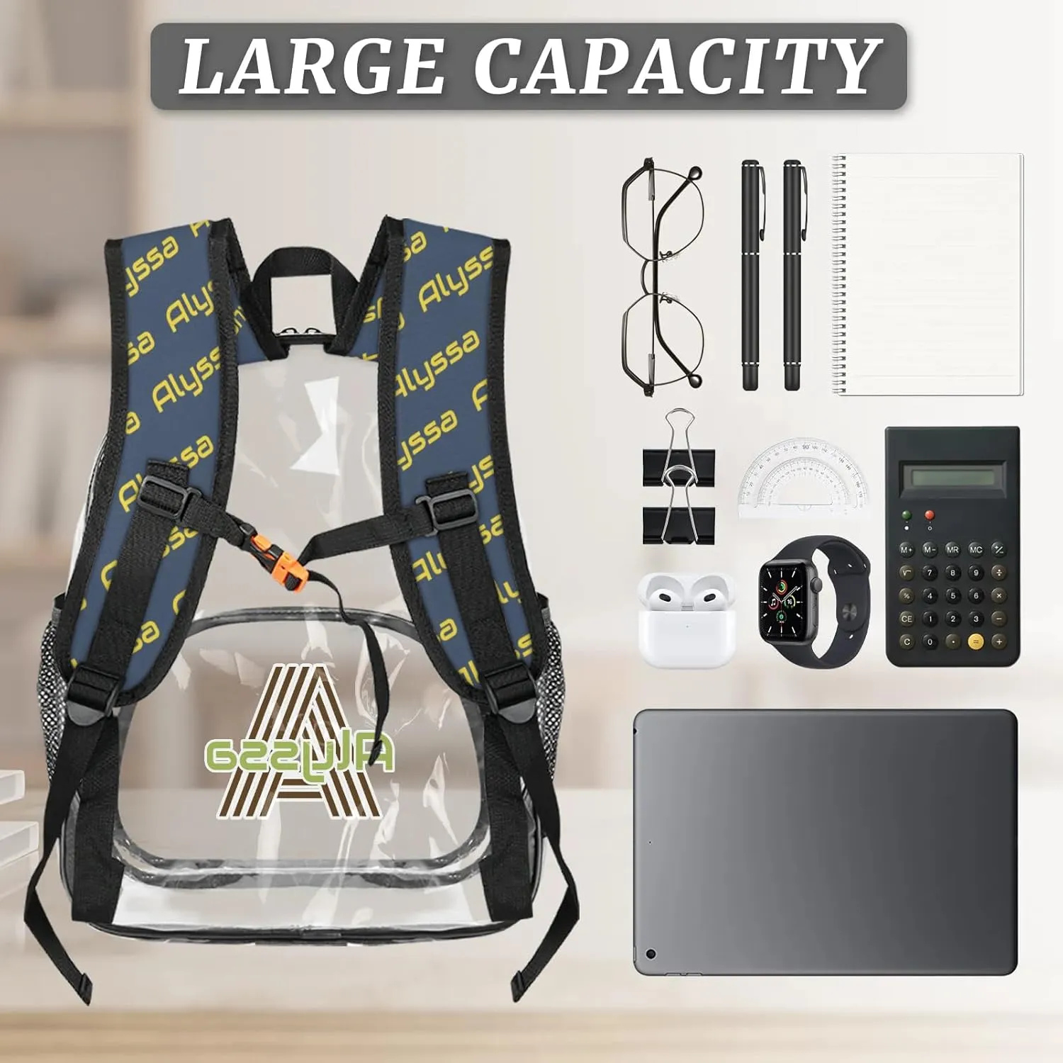 Personalized Clear Backpack with Name, Custom Heavy Duty PVC Transparent Backpack, See Through Back Pack with Reinforced Strap for Stadium Approved Events Blue Green