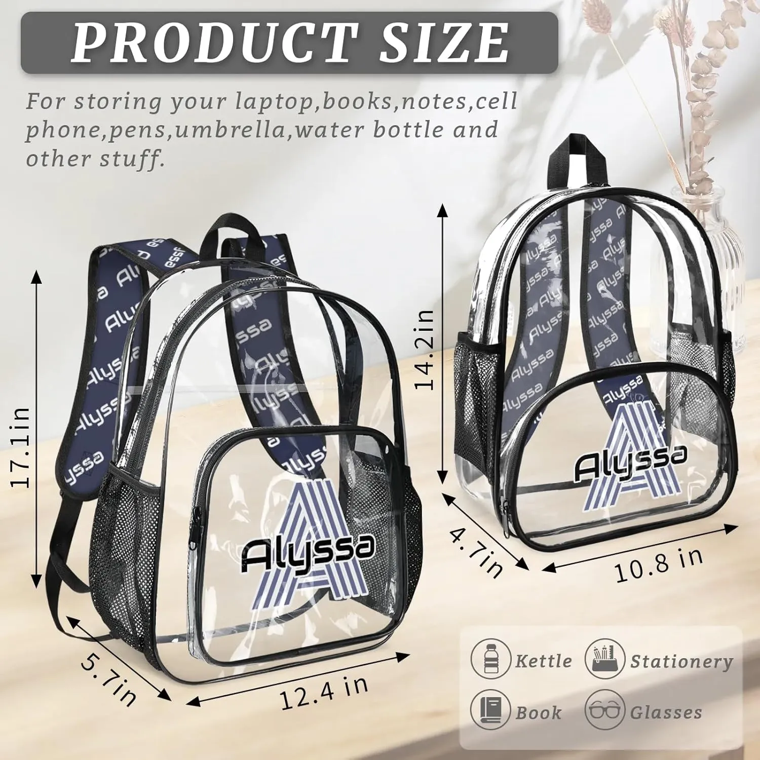 Personalized Clear Backpack with Name, Custom Heavy Duty PVC Transparent Backpack, See Through Back Pack with Reinforced Strap for Stadium Approved Events Dark Blue