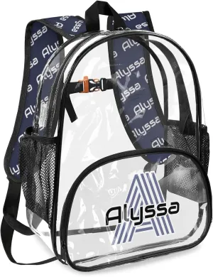 Personalized Clear Backpack with Name, Custom Heavy Duty PVC Transparent Backpack, See Through Back Pack with Reinforced Strap for Stadium Approved Events Dark Blue
