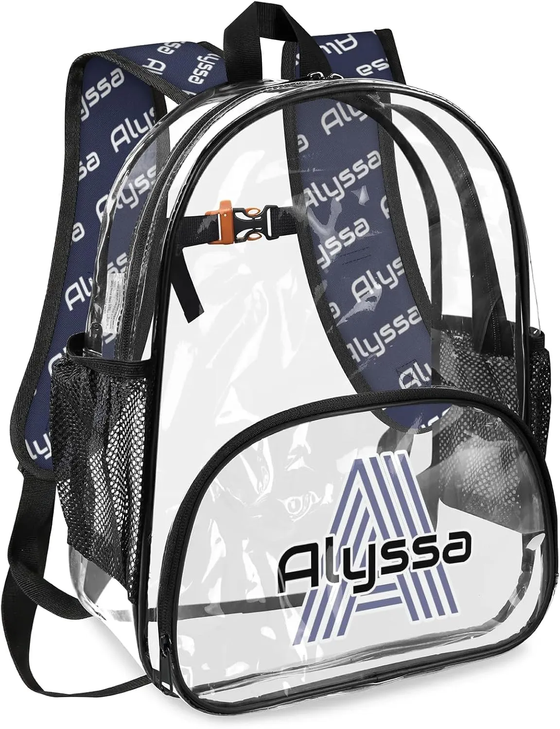 Personalized Clear Backpack with Name, Custom Heavy Duty PVC Transparent Backpack, See Through Back Pack with Reinforced Strap for Stadium Approved Events Dark Blue