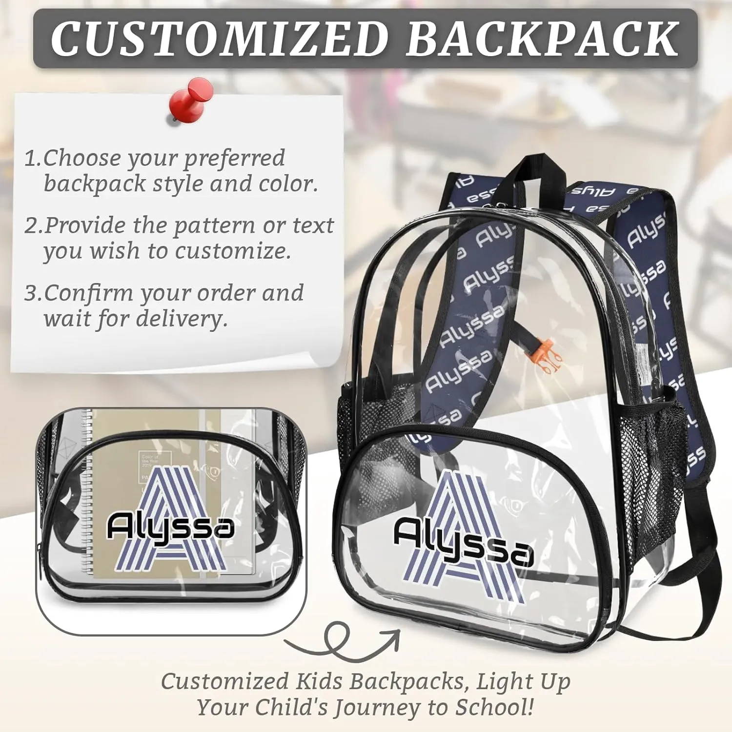 Personalized Clear Backpack with Name, Custom Heavy Duty PVC Transparent Backpack, See Through Back Pack with Reinforced Strap for Stadium Approved Events Dark Blue