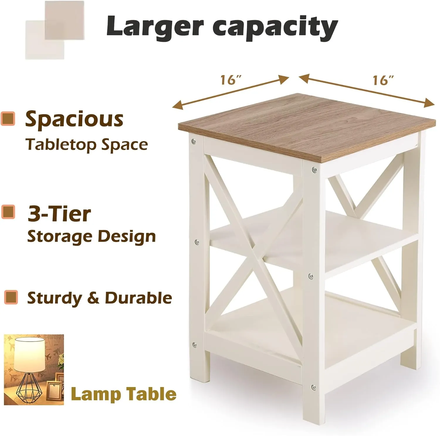 PHI VILLA End Table Living Room Set of 2 - Farmhouse Bed Side Table Nightstands for Bedroom, Ivory White Small Side Table