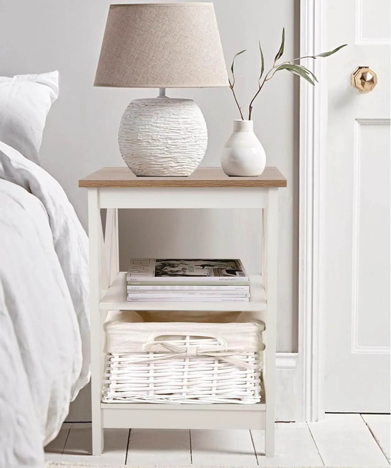 PHI VILLA End Table Living Room Set of 2 - Farmhouse Bed Side Table Nightstands for Bedroom, Ivory White Small Side Table