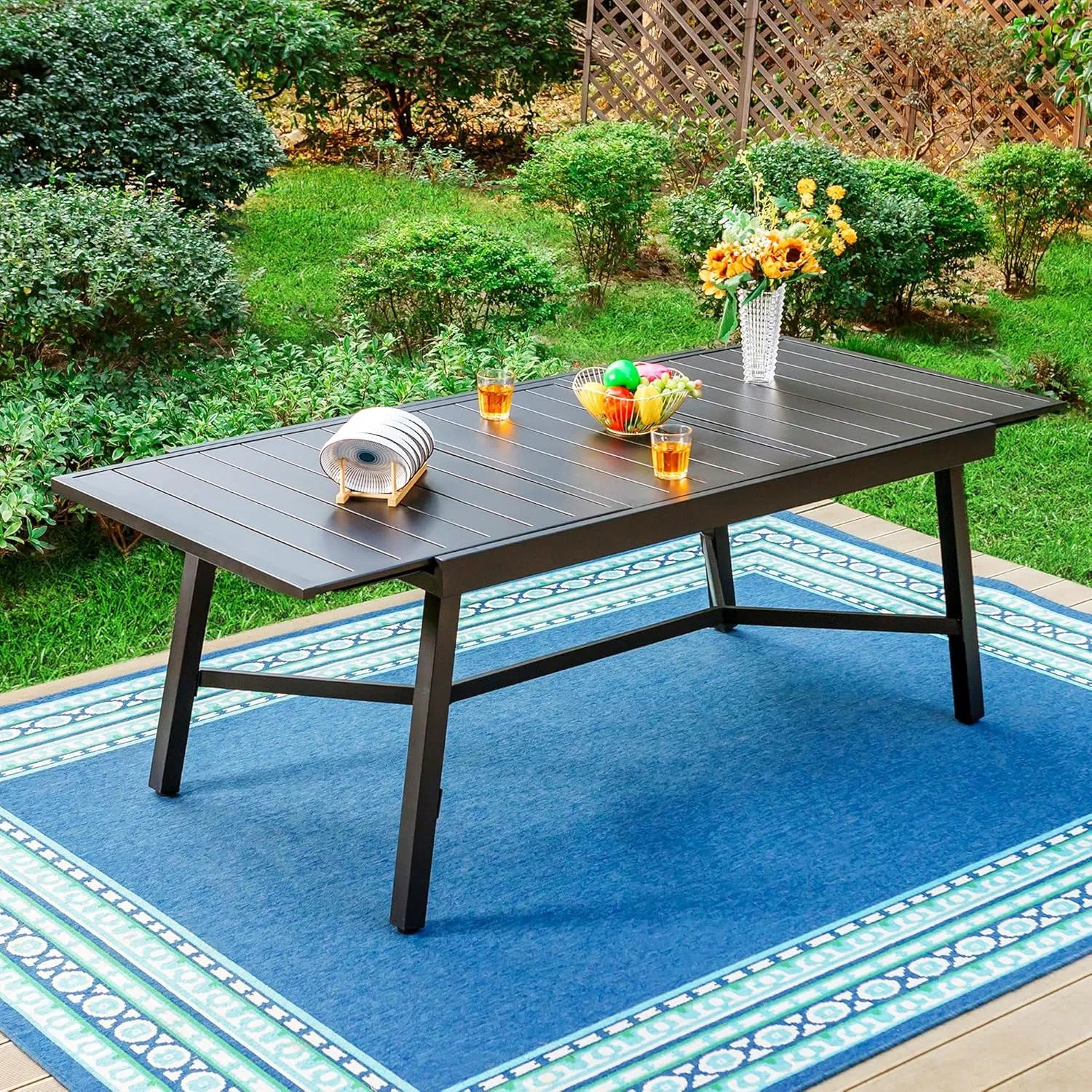 PHI VILLA Expandable Patio Dining Table Metal Outdoor Table for 6-8 Person Lawn Garden Bistro Rectangular Table, with Adjustable Legs, Black