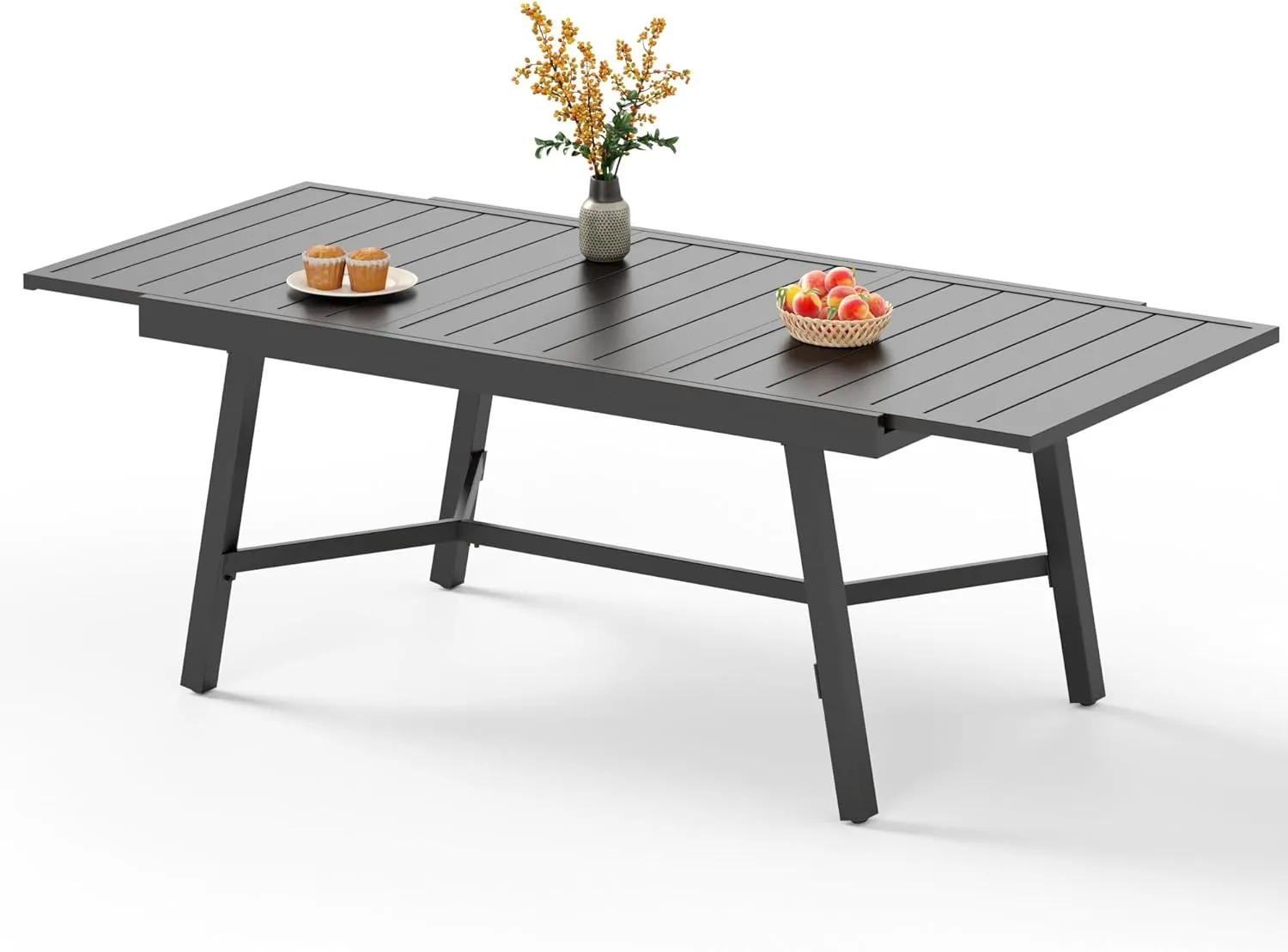 PHI VILLA Expandable Patio Dining Table Metal Outdoor Table for 6-8 Person Lawn Garden Bistro Rectangular Table, with Adjustable Legs, Black