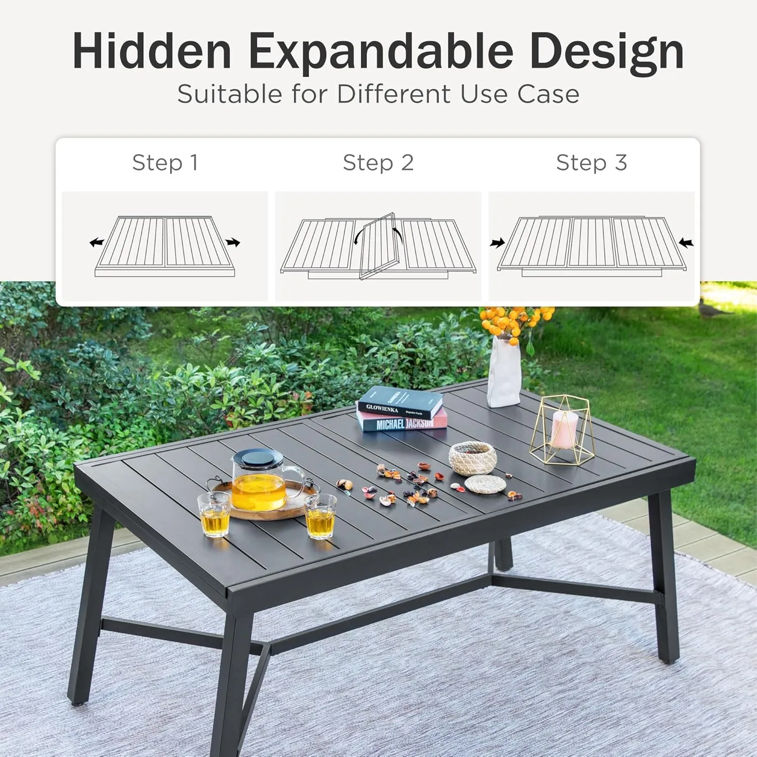 PHI VILLA Expandable Patio Dining Table Metal Outdoor Table for 6-8 Person Lawn Garden Bistro Rectangular Table, with Adjustable Legs, Black