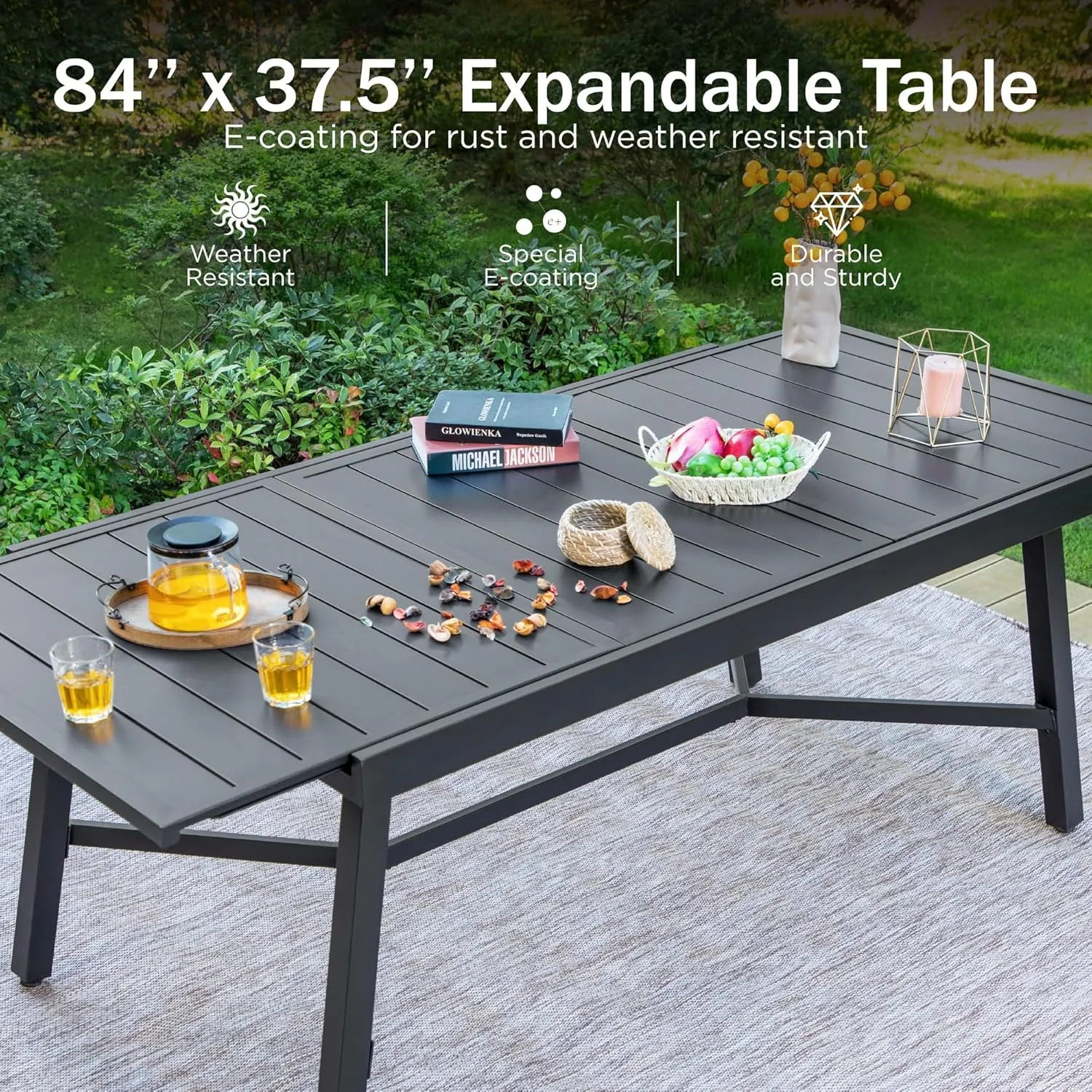 PHI VILLA Expandable Patio Dining Table Metal Outdoor Table for 6-8 Person Lawn Garden Bistro Rectangular Table, with Adjustable Legs, Black