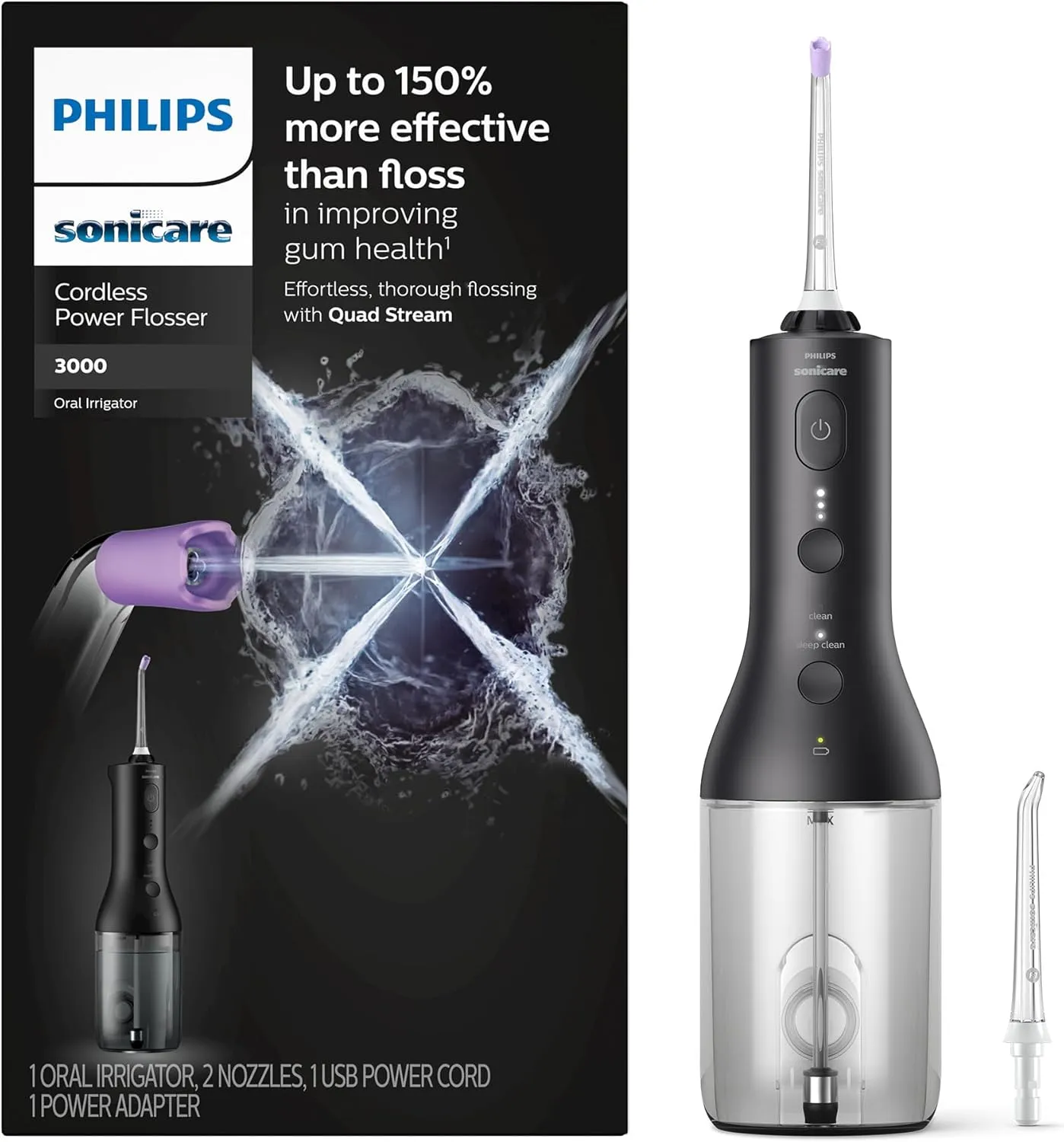 Philips Sonicare Cordless Power Flosser 3000, Water Flosser with Innovative Quad Stream Technology, Oral Irrigator with 2 Flossing Modes and 3 Intensity Levels, Ergonomic Design, Black, HX3826/23