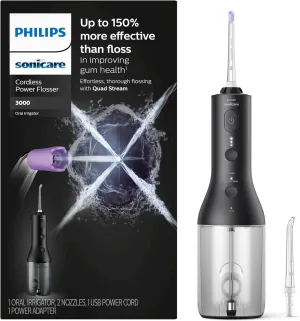 Philips Sonicare Cordless Power Flosser 3000, Water Flosser with Innovative Quad Stream Technology, Oral Irrigator with 2 Flossing Modes and 3 Intensity Levels, Ergonomic Design, Black, HX3826/23