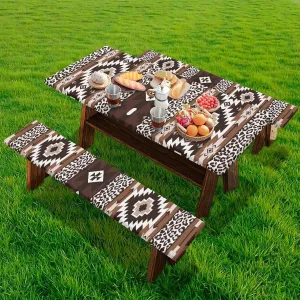 Picnic Table Cover with Bench Covers Contemporary Tablecloth Fitted Rectangle Table Cover, Outdoor Patio Camping Essentials 6FT 3PCS Camping Fitted Tablecloth Aztec