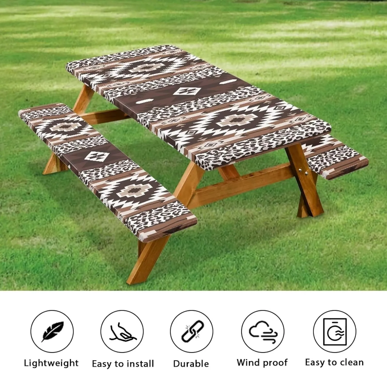 Picnic Table Cover with Bench Covers Contemporary Tablecloth Fitted Rectangle Table Cover, Outdoor Patio Camping Essentials 6FT 3PCS Camping Fitted Tablecloth Aztec