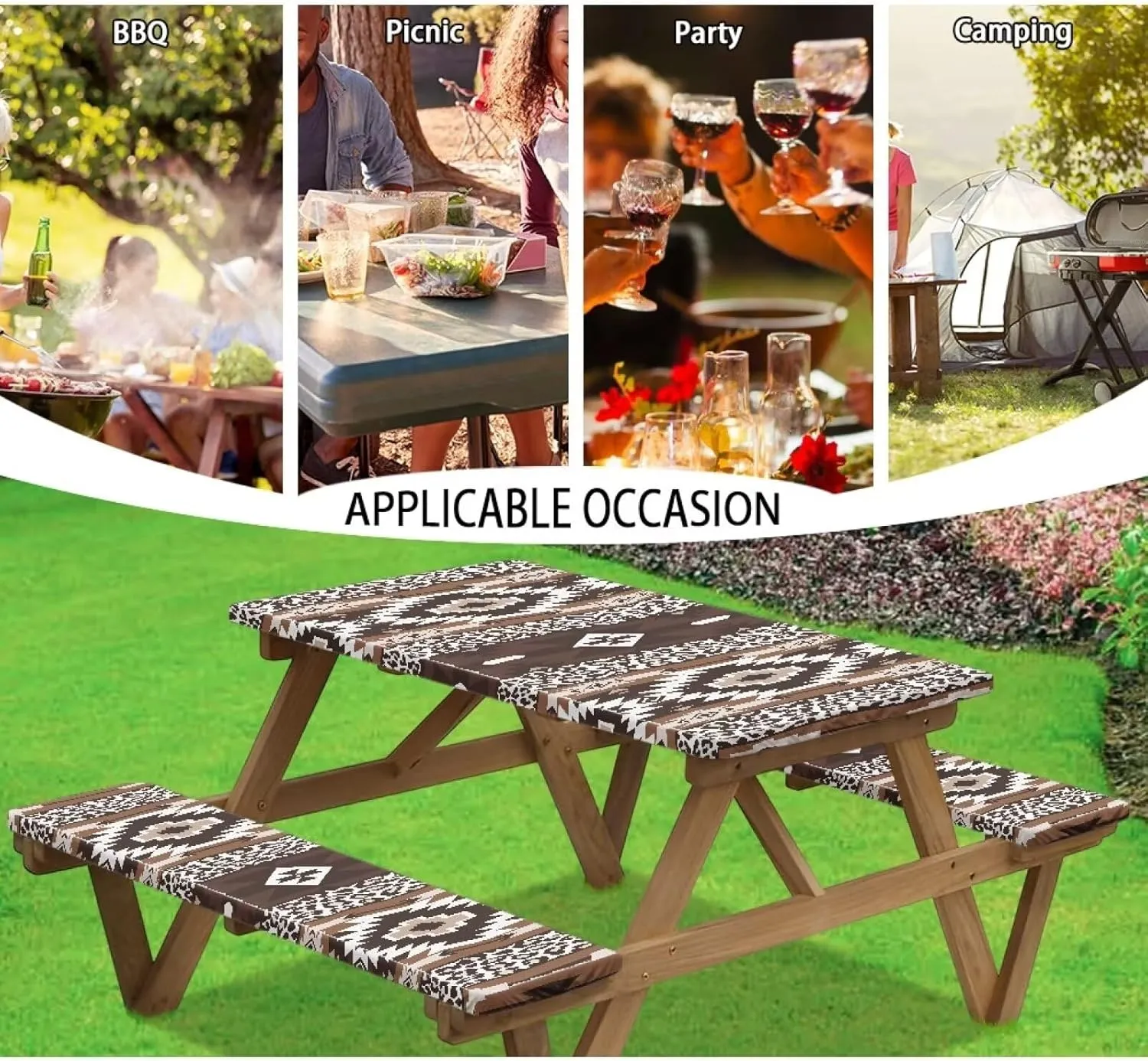 Picnic Table Cover with Bench Covers Contemporary Tablecloth Fitted Rectangle Table Cover, Outdoor Patio Camping Essentials 6FT 3PCS Camping Fitted Tablecloth Aztec