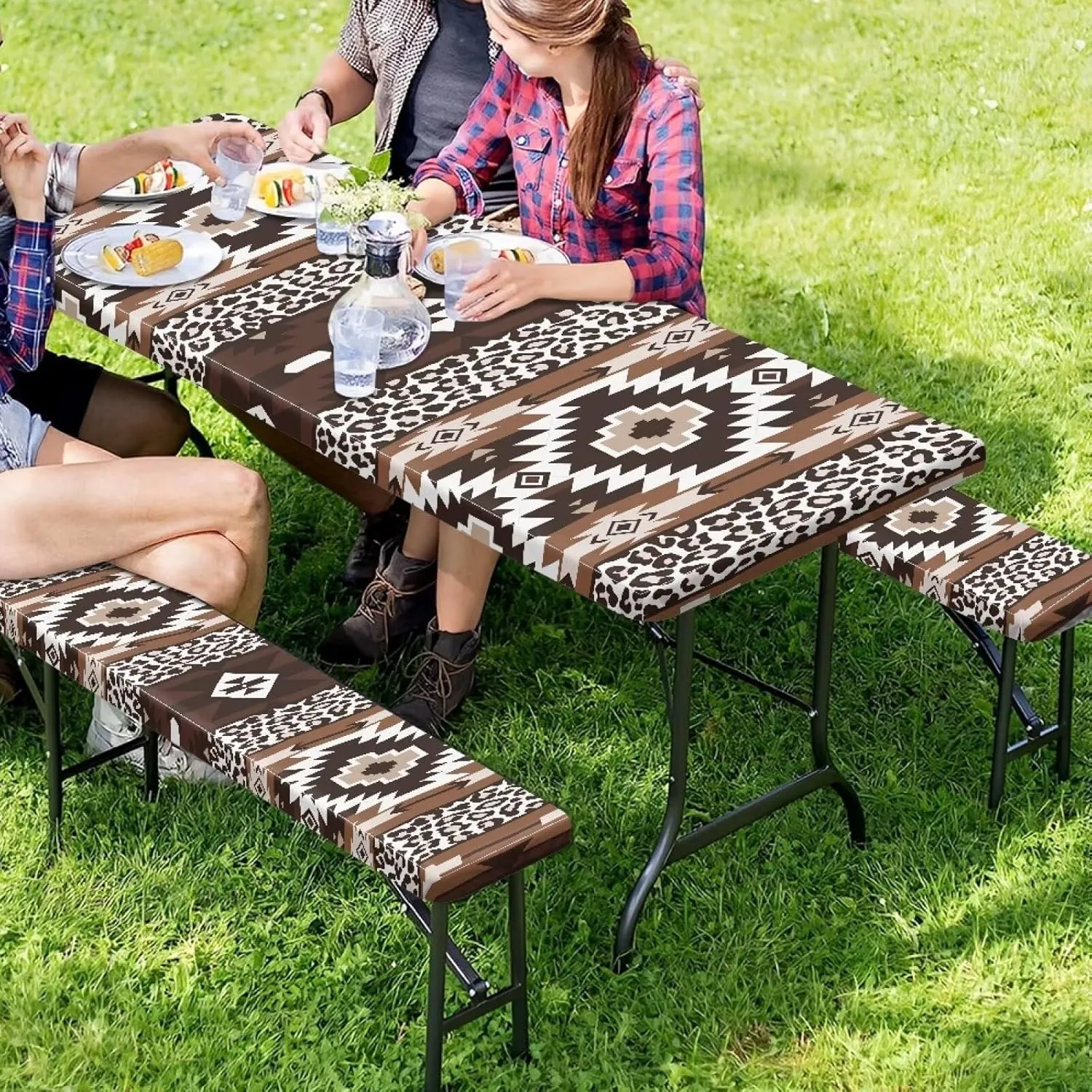 Picnic Table Cover with Bench Covers Contemporary Tablecloth Fitted Rectangle Table Cover, Outdoor Patio Camping Essentials 6FT 3PCS Camping Fitted Tablecloth Aztec