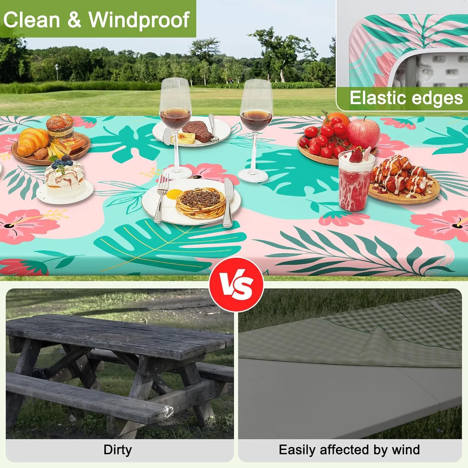 Picnic Table Cover with Bench Covers Portable Table Cloth Built-in Storage Pocket Fitted Tablecloth with Elastic Edges Waterproof Camping Essentials for Indoor Outdoor Rv,72in,Teal Pink